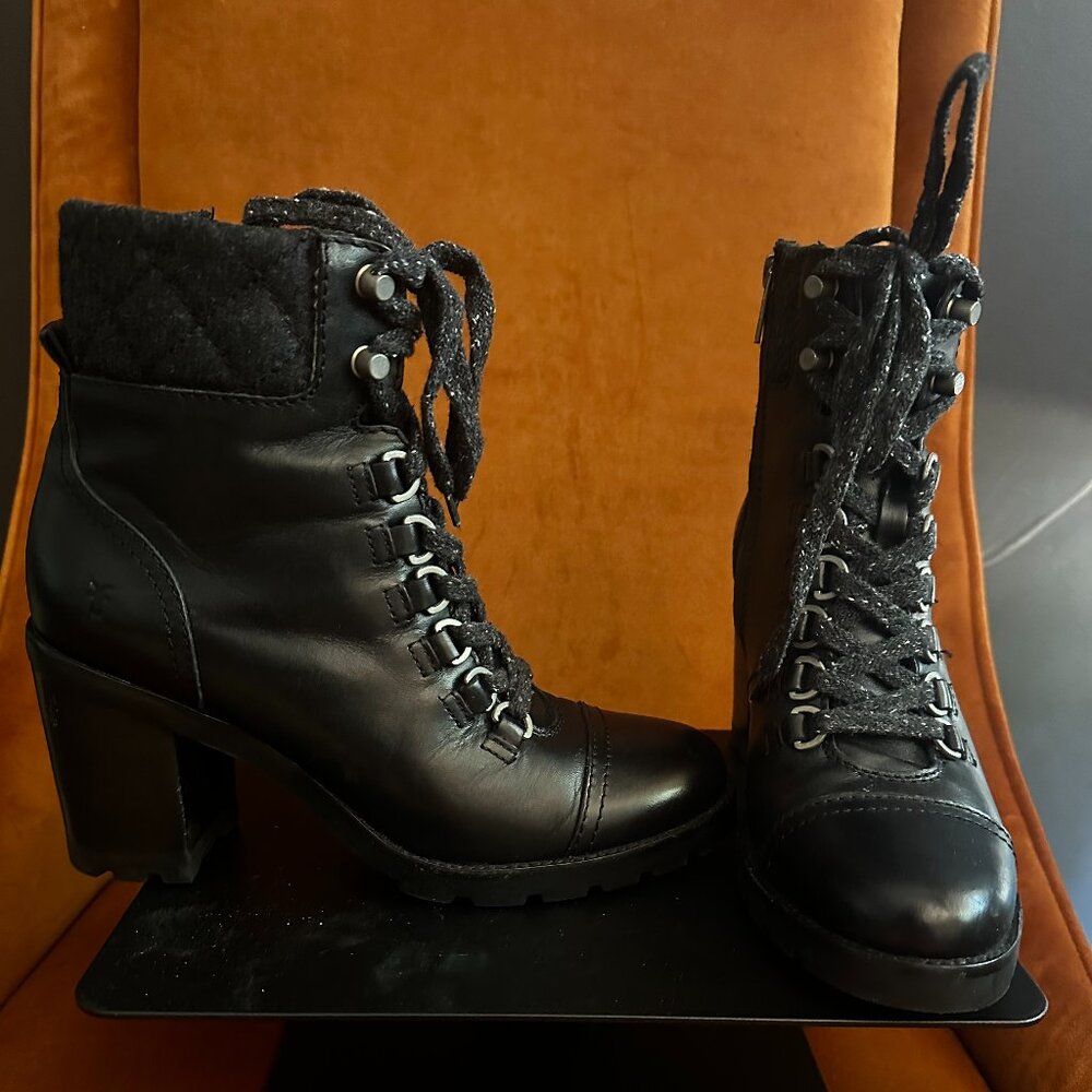 Womens Black Frye Heeled Combat Boots